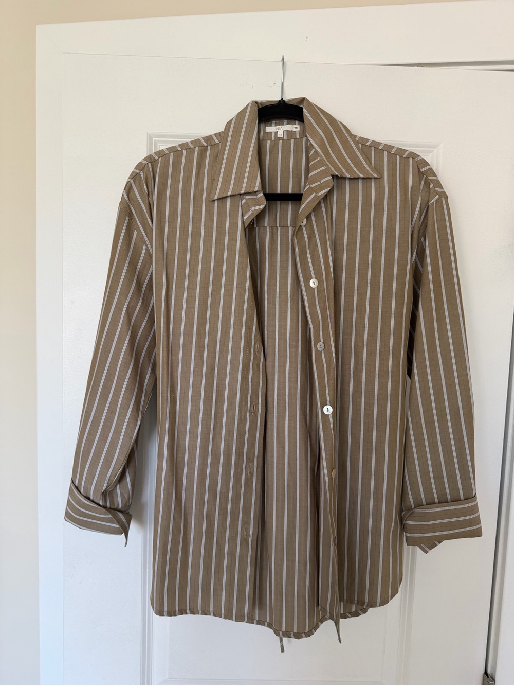 Women's Striped Tan Button-Down Shirt with cinch waist